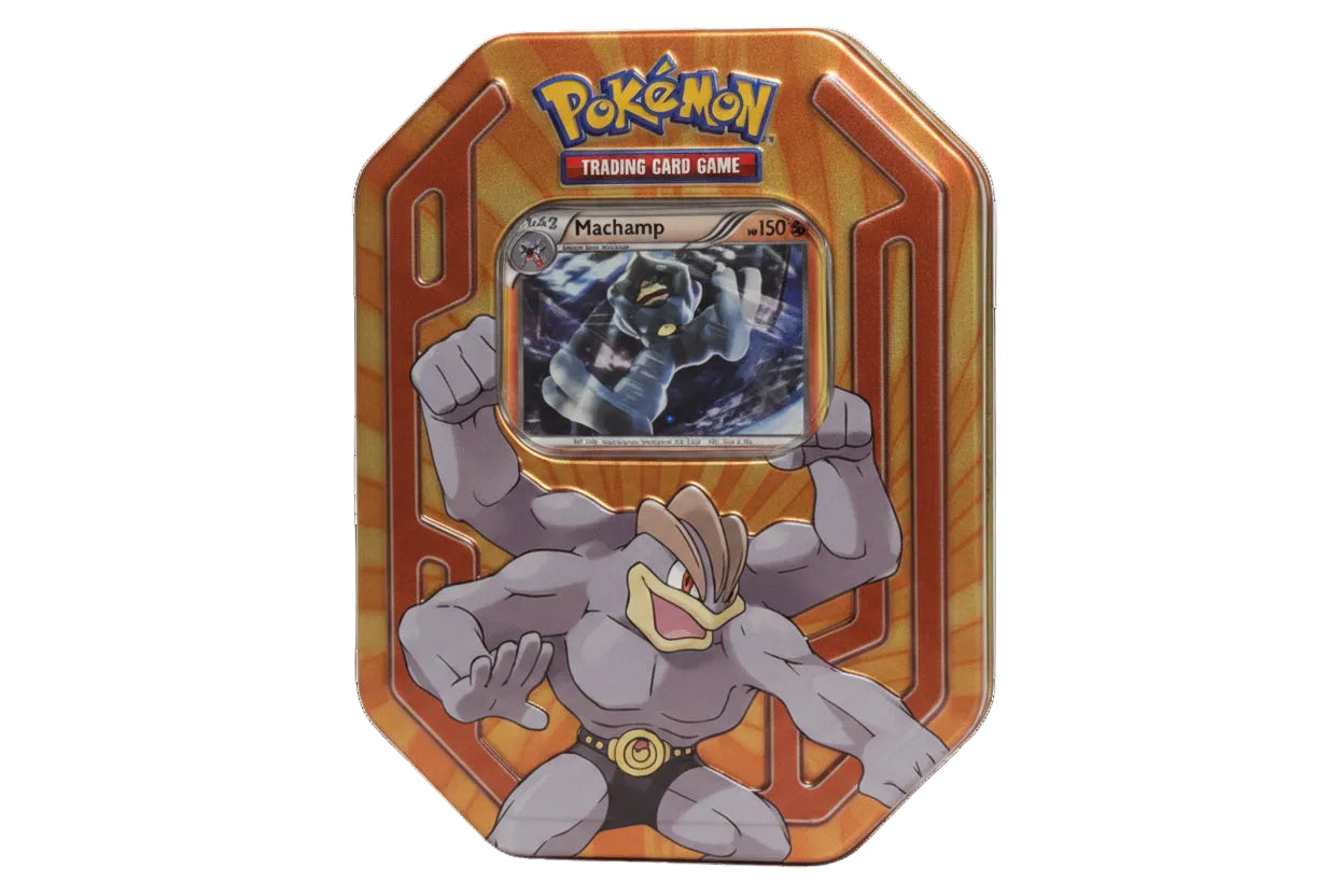 A Pokémon Trading Card Game Machamp card inside its original orange and gold foil tin packaging, featuring a large illustration of Machamp on the front.
