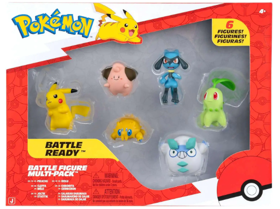 Pokémon Battle Figure Multi-Pack toy set in retail packaging, containing six small character figures visible through a clear plastic window on a red and white box.