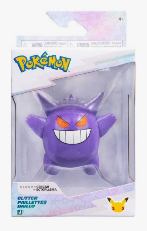 Pokémon Glitter Paillettes Brillo Gengar toy figure in its original retail packaging, featuring a purple Gengar with glowing orange eyes and a wide grin.