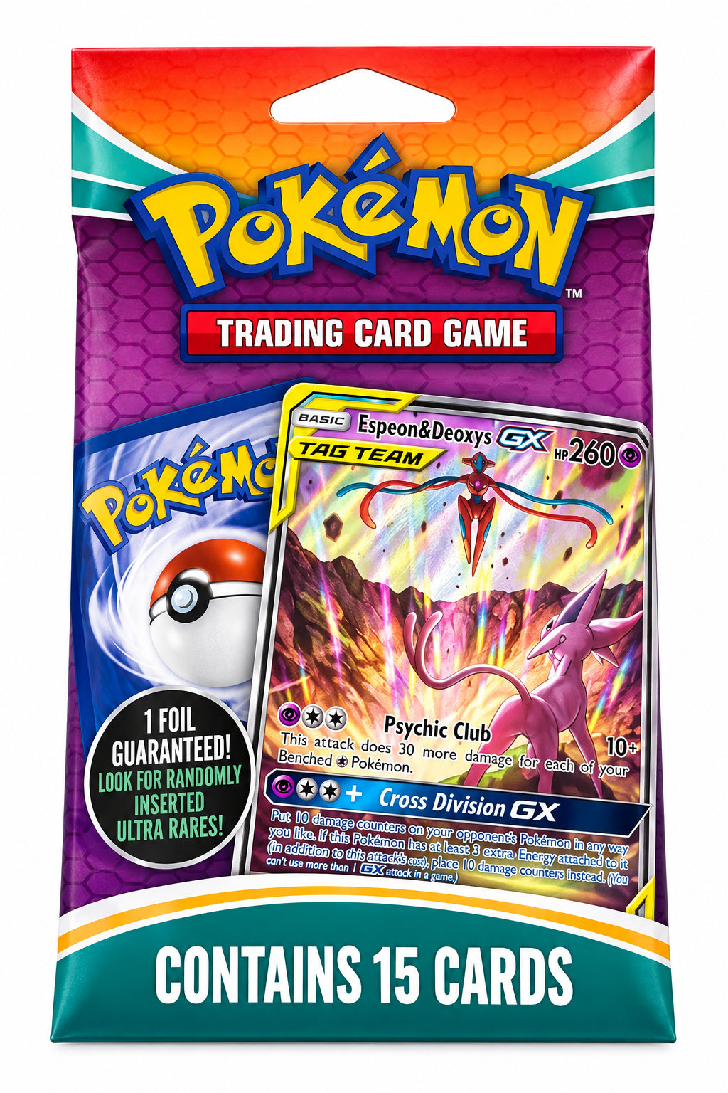 Pokémon Trading Card Game booster pack packaging featuring Espoon & Deoxys GX card art and a badge that says 'Contains 15 cards'.