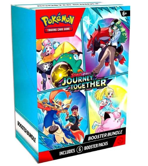 Pokémon Trading Card Game Journey Together Booster Bundle box, featuring colorful anime artwork on the front and side panel, with the Pokémon logo and a 6+ age rating.