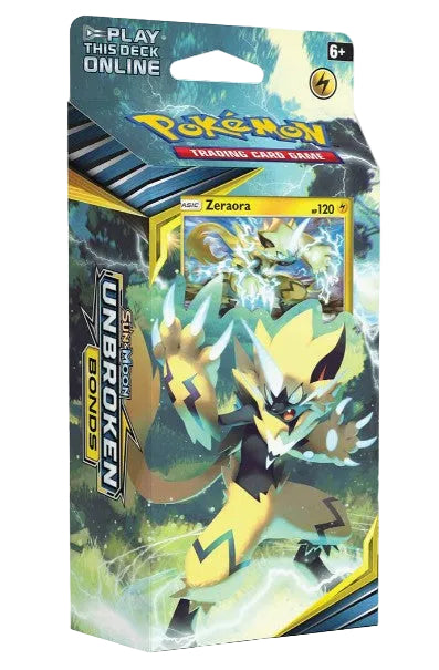 Pokémon Trading Card Game Unbroken Zeraora deck box, featuring artwork of the Zeraora electric type Pokémon on the front packaging.