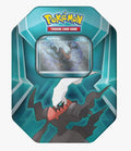 Pokémon Trading Card Game collectible tin featuring Darkrai artwork on a teal and blue geometric background, with the Pokémon logo at the top and a card window showing a Darkrai card.