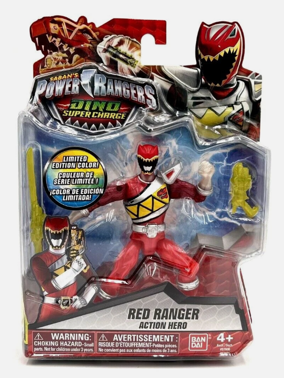 Power Rangers Dino Supercharge Red Ranger action figure in its original blister packaging, featuring a red and yellow armored ranger with a small yellow dinosaur accessory.