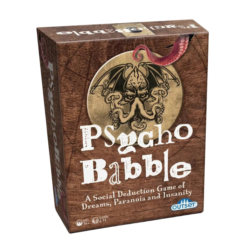 The product packaging for the board game 'Psycho Babble' by Outset, featuring a brown wood-grain textured box with a gold circular graphic of a cactus-like creature and white distressed text.
