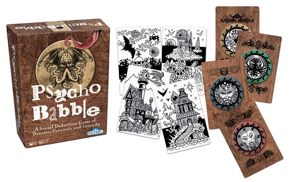 Psycho Babble card game set with a brown illustrated box, several black-and-white illustrated cards, and multiple face-down cards showing circular monster designs on a white background.