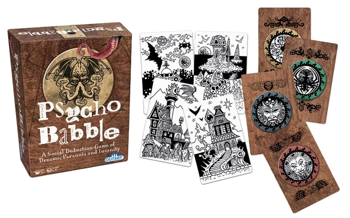 Psycho Babble card game set with a brown illustrated box, several black-and-white illustrated cards, and multiple face-down cards showing circular monster designs on a white background.