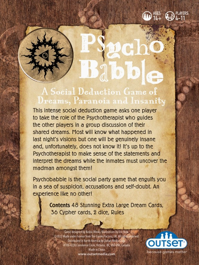 Front cover of the 'Psycho Babble' social deduction game by Outset, featuring a parchment-style central panel with the title and rules text over a dark wood background with decorative skull and eye illustrations.