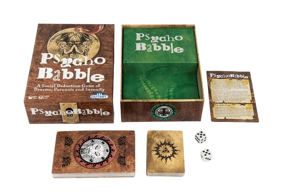 Psycho Babble board game set displayed on a white background, including the wooden box packaging, an open box showing the green inner board, a printed instruction card, two wooden game pieces, and two white dice.