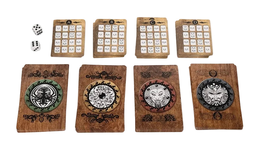 A set of four wooden board games arranged on a white background, including four dice, four score grids, and four decorative wooden game boards with circular fantasy-style illustrations.