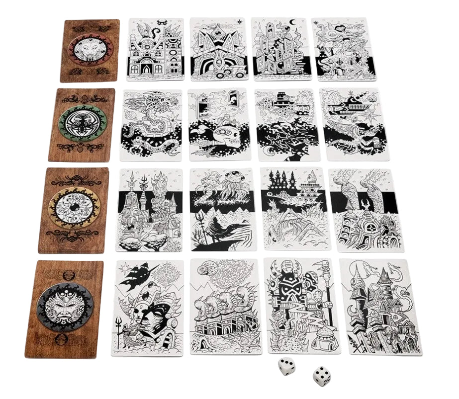 A tarot card deck with four wooden-wrapped cards showing circular illustrations, twelve white cards with black fantasy and architectural line art, and two dice on a plain white background.