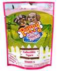 A sealed retail package for a collectible figure toy, labeled 'Puppy Immy Pocket' and 'Series 6 Collectible Figure,' with cartoon dogs on the front and a pink border.