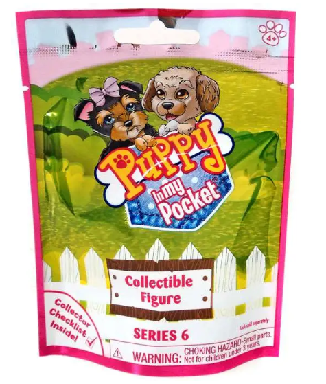 A sealed retail package for a collectible figure toy, labeled 'Puppy Immy Pocket' and 'Series 6 Collectible Figure,' with cartoon dogs on the front and a pink border.