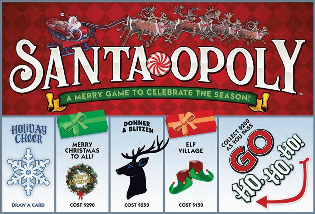 Front cover of the Santaopoly holiday card game, featuring a red Santa-themed header with the Santa Claus sleigh and large white 'SANTAOPOLY' text, plus four illustrated card faces at the bottom for Holiday Cheer, Merry Christmas to All!, Donner & Blitzen, and Elf Village.