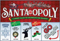 Front cover of the Santaopoly holiday card game, featuring a red Santa-themed header with the Santa Claus sleigh and large white 'SANTAOPOLY' text, plus four illustrated card faces at the bottom for Holiday Cheer, Merry Christmas to All!, Donner & Blitzen, and Elf Village.