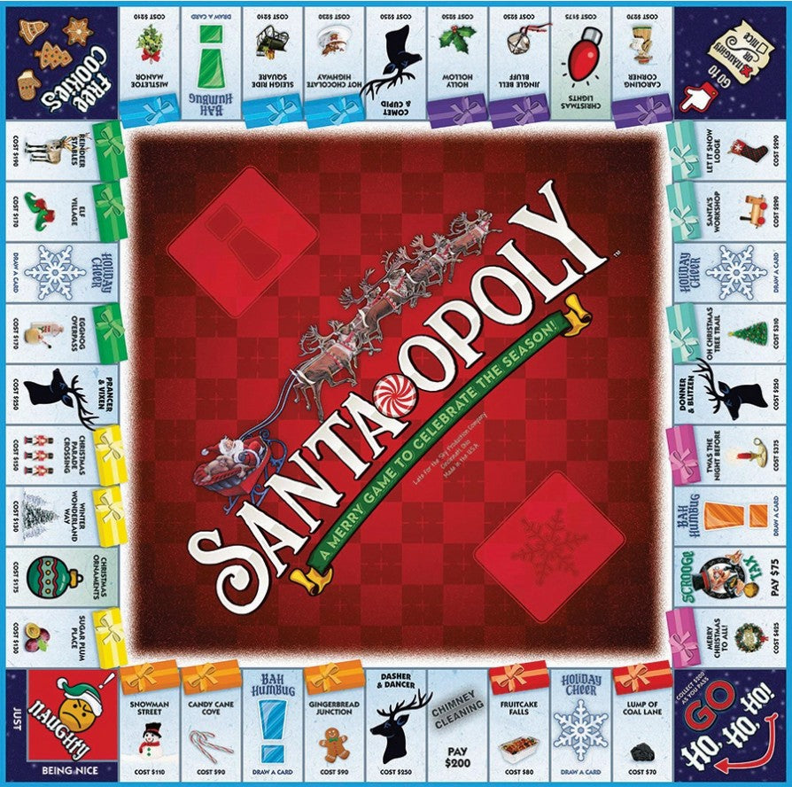 A flat, top-down view of a Santaopoly board game board. The central play area is a red checkered square with the large white Santaopoly logo and an illustration of Santa in a sleigh.