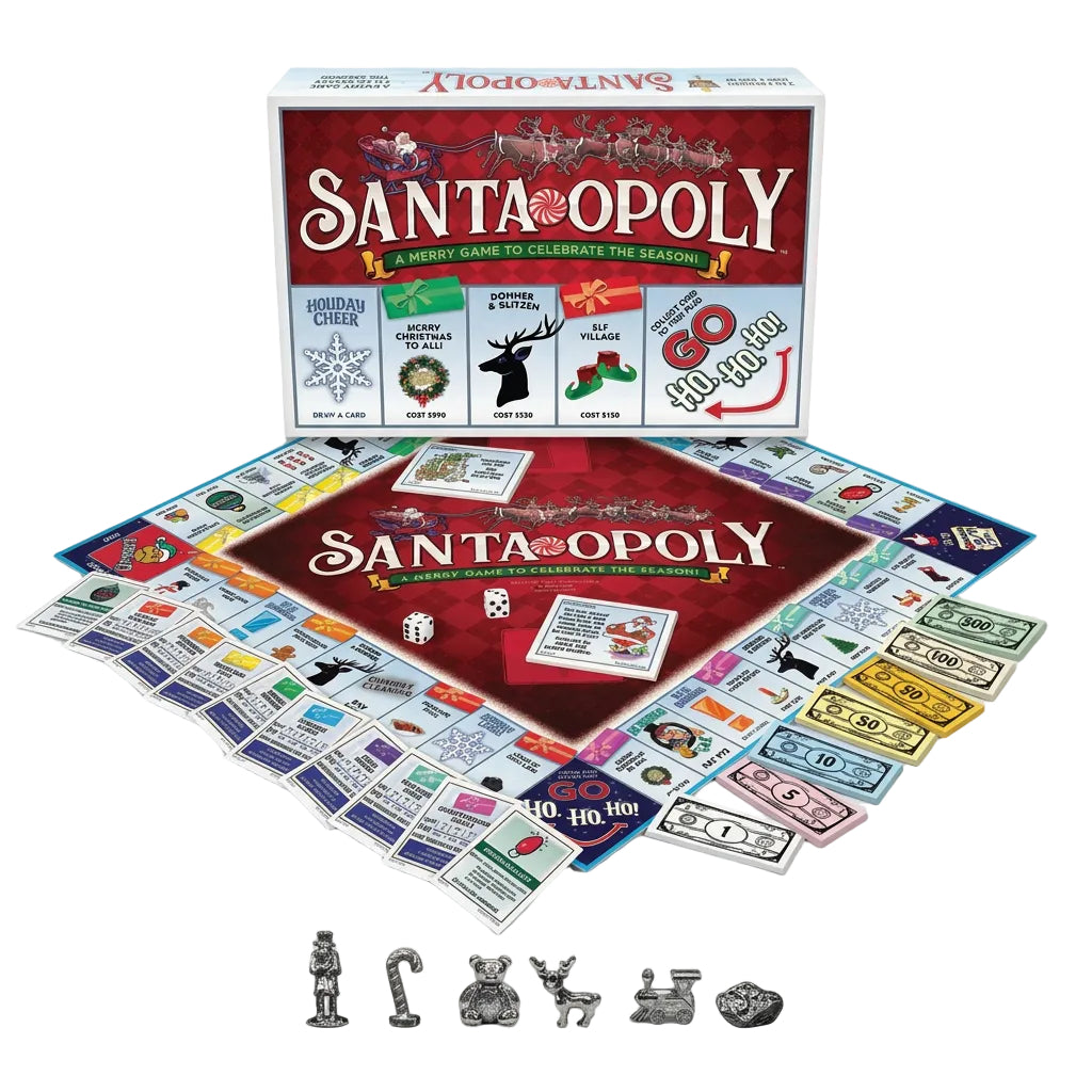 Santaopoly holiday board game set displayed on a white background, showing the red game box, the board, play money, property cards, and small silver game pieces.