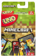 Minecraft Uno card game retail box featuring Minecraft-themed graphics, including pixelated green hills, a red Uno logo, and character illustrations on the front.