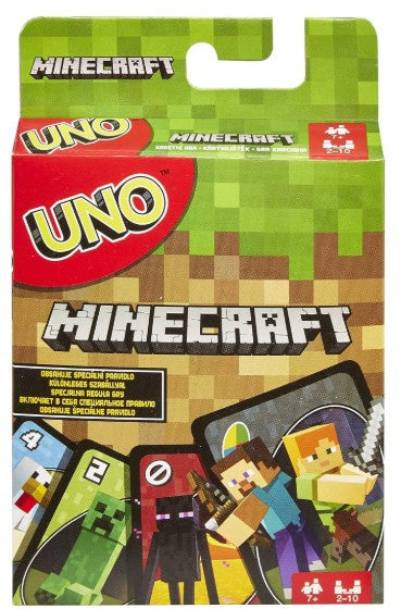 Minecraft Uno card game retail box featuring Minecraft-themed graphics, including pixelated green hills, a red Uno logo, and character illustrations on the front.