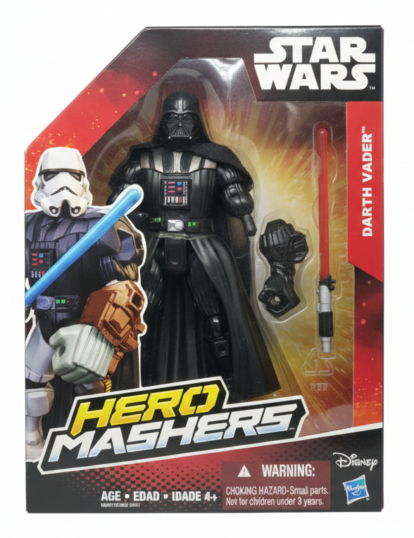 Star Wars Hero Mashers Darth Vader action figure in its original retail packaging, featuring a black figure with a red lightsaber accessory.