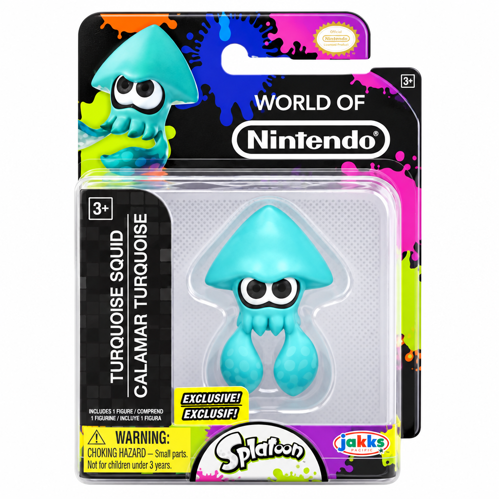 Nintendo World of Splatoon Turquoise Squid toy figure in its original blister packaging, featuring a light blue squid character on a black and colorful card backing.
