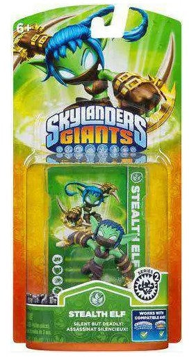 Skylanders Giants Stealth Elf toy figure in its original blister card packaging, featuring a green and blue character with a scorpion tail on a vibrant green and orange background.