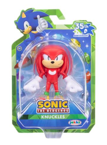 A Sonic the Hedgehog Knuckles action figure in its original retail blister packaging, featuring Sonic's 35th anniversary theme and Jakks branding.