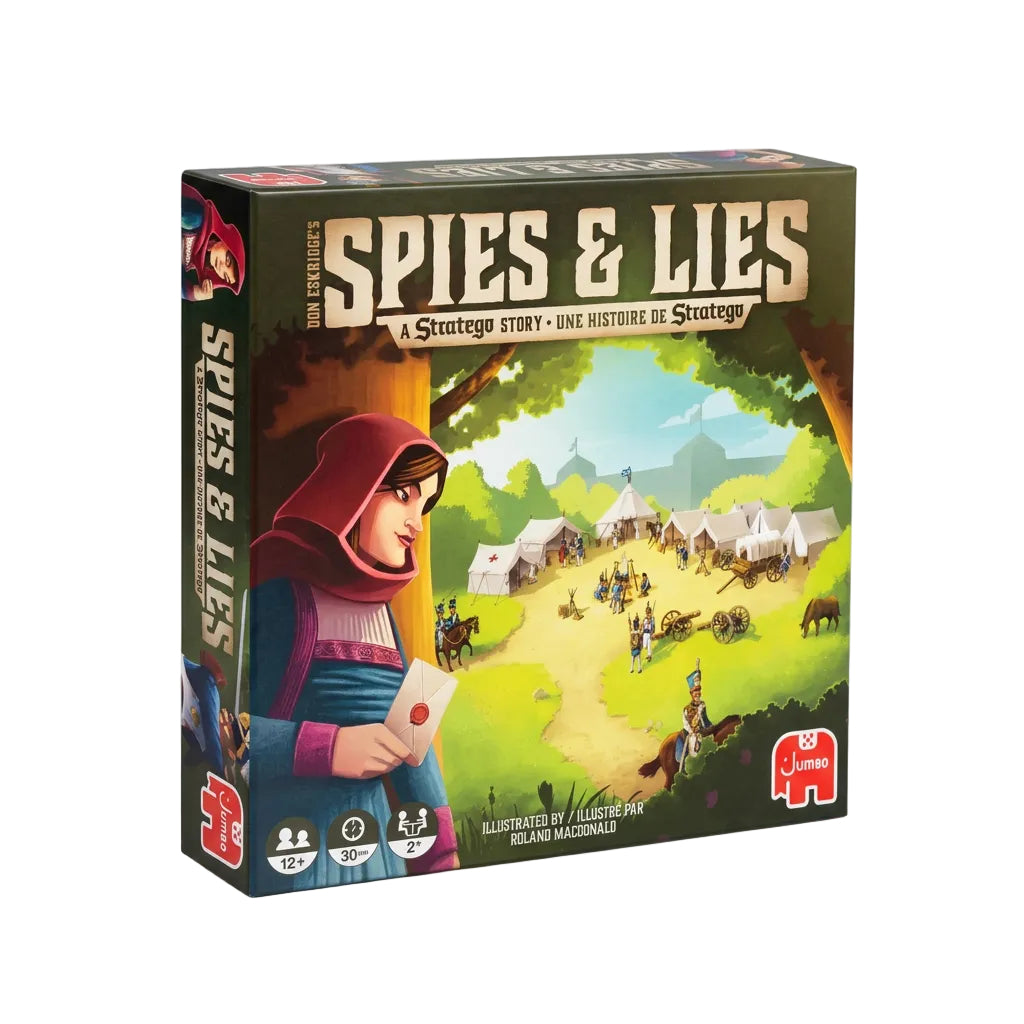 Box for the board game Spies & Lies, showing illustrated cover art with a woman in a red hood holding a letter and a camp scene with tents and soldiers. The Jumio logo appears in the lower right corner.