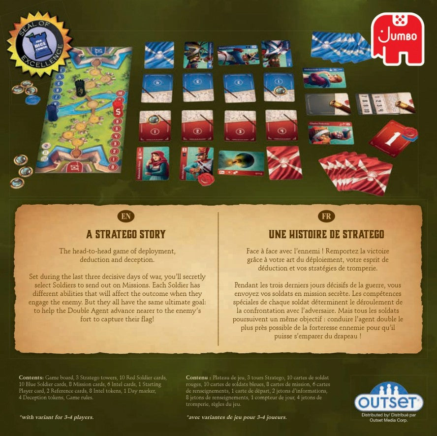 French game instruction manual cover for 'Double Agent' by Jumbo Games, featuring a dark olive green background, detailed game board and play cards at the top, two tan informational panels in the center with French text, and the Jumbo Outset logo at the bottom.