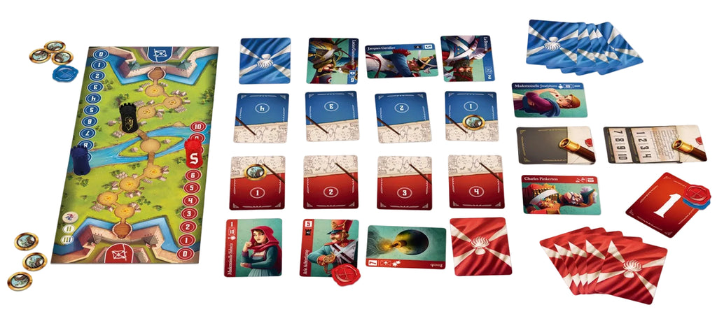 A board game set arranged on a white background, including a long illustrated game board, multiple stacks of cards in blue, red, and green, several small circular tokens, and a red dice cube. No people or real environment are present.