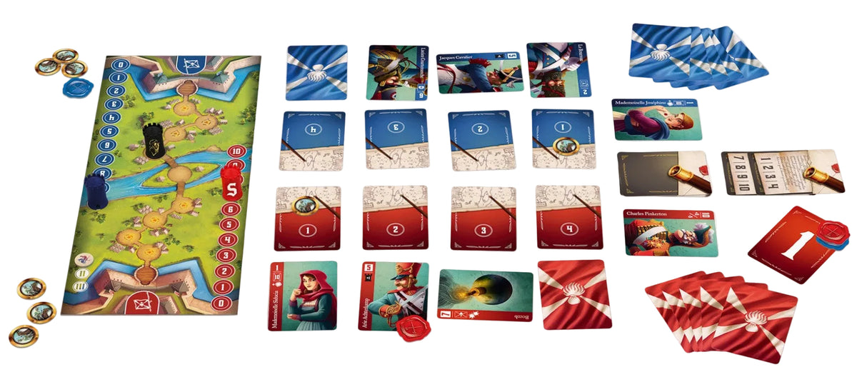 A board game set arranged on a white background, including a long illustrated game board, multiple stacks of cards in blue, red, and green, several small circular tokens, and a red dice cube. No people or real environment are present.