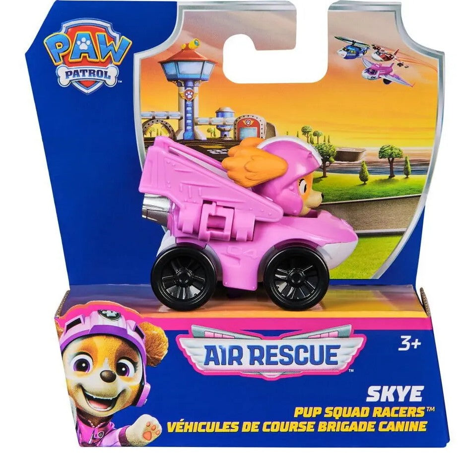 PAW Patrol Air Rescue Skye toy vehicle in its original retail packaging, featuring a pink race car with a dog cockpit and black wheels.