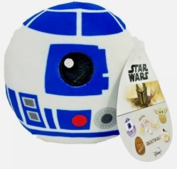 A plush R2-D2 droid toy with a white and blue body, featuring a printed Star Wars tag on the right side.