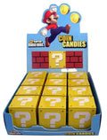 Super Mario Bros. Coin Candies retail display box containing ten yellow question-block-shaped candy boxes with white question marks, under a blue Mario-themed header card.