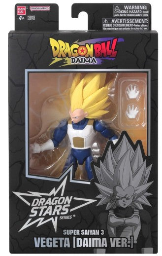 Dragon Ball Z Dragon Stars Series Super Saiyan 3 Vegeta (Daima Ver.) action figure in its original window box packaging by Bandai.
