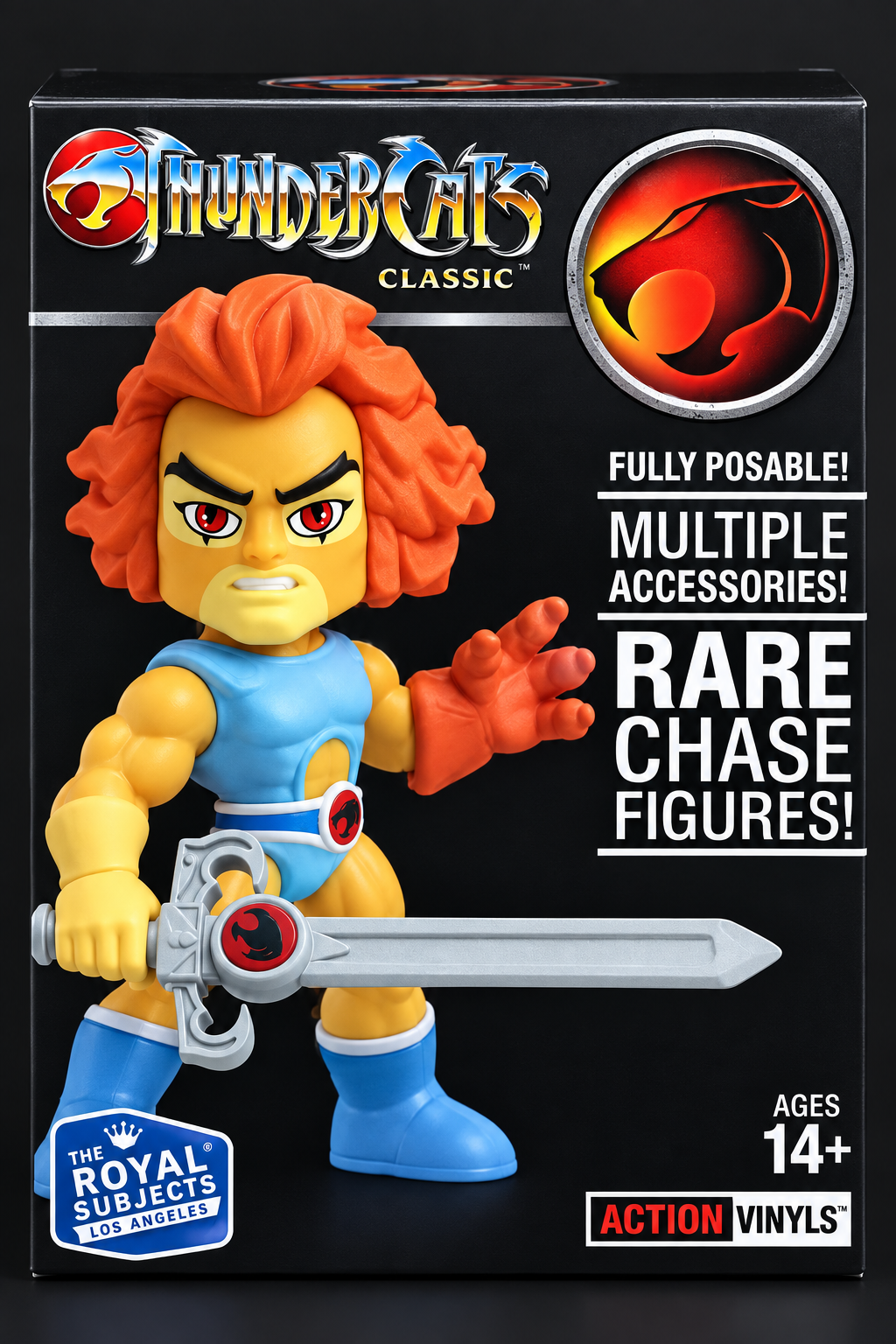 ThunderCats Classic action vinyl figure in retail packaging, featuring Lion-O with orange hair, a blue vest, and a silver sword, alongside product text and the ThunderCats logo.