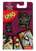 UNO The Nightmare Before Christmas trading card game in its original packaging, featuring the purple UNO card back with character illustrations of Jack Skellington, Sally, and Doggo.