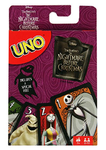 UNO The Nightmare Before Christmas trading card game in its original packaging, featuring the purple UNO card back with character illustrations of Jack Skellington, Sally, and Doggo.