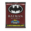 Topps Batman Returns Stadium Club card box featuring the Batman logo on a dark red textured background with yellow and blue branding.