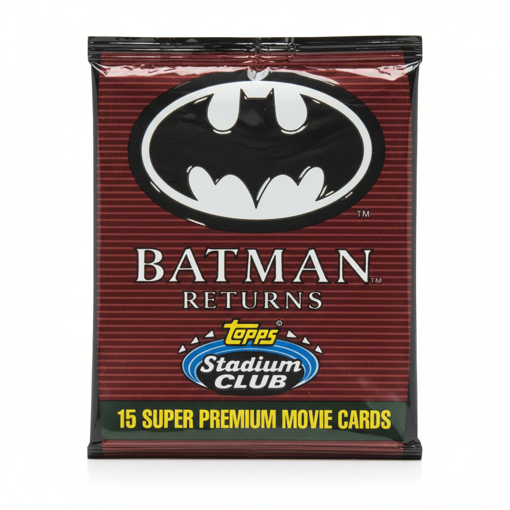 Topps Batman Returns Stadium Club card box featuring the Batman logo on a dark red textured background with yellow and blue branding.