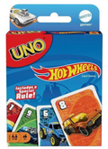 UNO Hot Wheels card game box featuring a blue background with the UNO logo, Hot Wheels branding, and sample truck cards shown on the front.