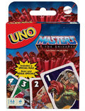 UNO Masters of the Universe card game box by Mattel Games, featuring red card stacks, UNO logo, and sample player cards on a white background.