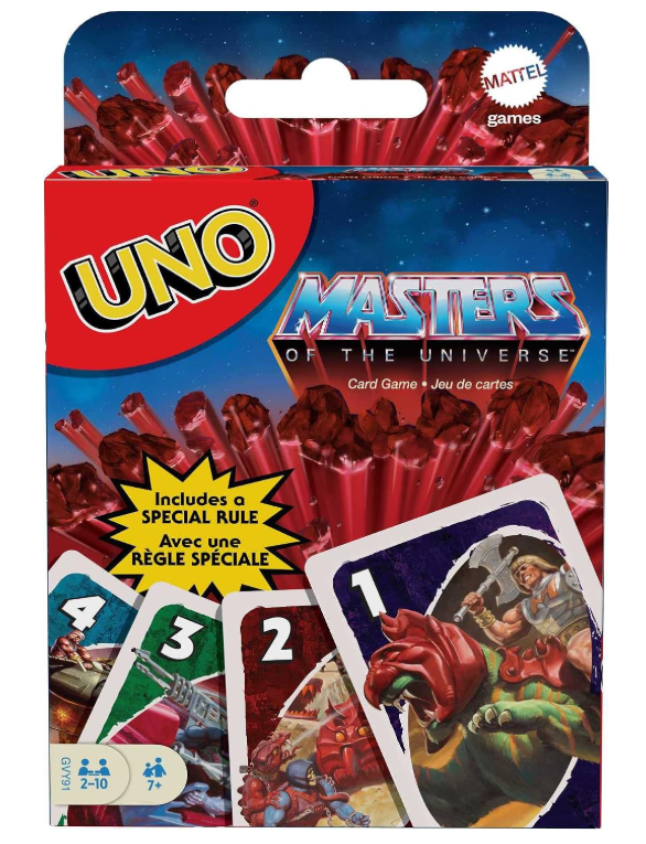 UNO Masters of the Universe card game box by Mattel Games, featuring red card stacks, UNO logo, and sample player cards on a white background.