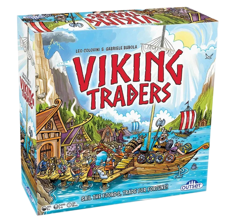 Viking Traders board game box by Outset, featuring a colorful illustrated Viking harbor scene with a large red title on the front.