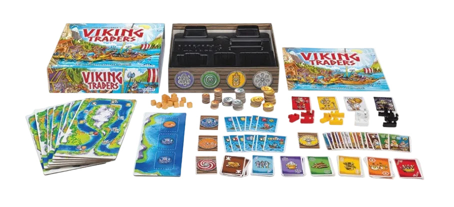 Viking Rulers board game set displayed on a white background, showing the illustrated box, game board, player cards, action cards, tokens, and other included components.