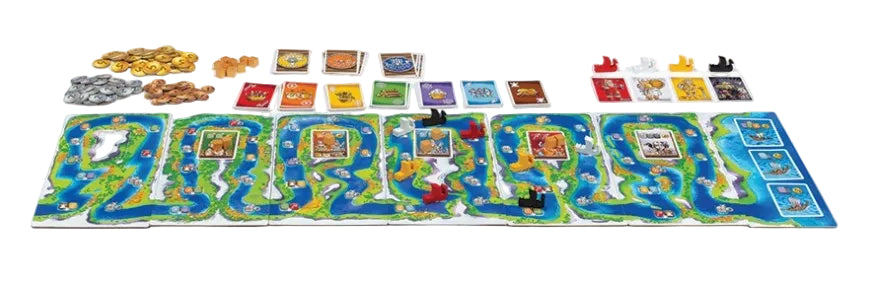 A colorful board game set laid out on a white background, showing a long winding game board with blue and green terrain, multiple rows of cards, stacks of gold and silver coins, and small character pieces.