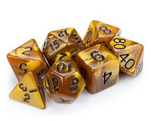 A set of translucent amber-brown polyhedral gaming dice with black printed numbers, arranged on a plain white background.