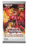 Yu-Gi-Oh! Trading Card Game English Edition 1st Edition Blazing Dominion card pack by Konami, featuring artwork of a red dragon with flames on the front.