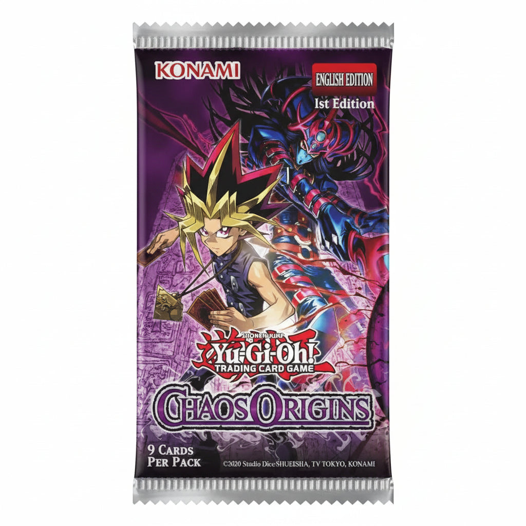 Yu-Gi-Oh! Trading Card Game Chaos Origins English Edition 1st Edition card booster pack by Konami, featuring Yugi and the Blue-Eyes White Dragon on a purple background.