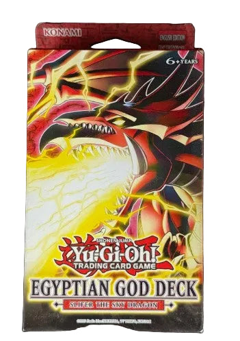Yu-Gi-Oh! Trading Card Game Egyptian God Deck booster pack box featuring a red and black dragon illustration with yellow lightning on a black background.